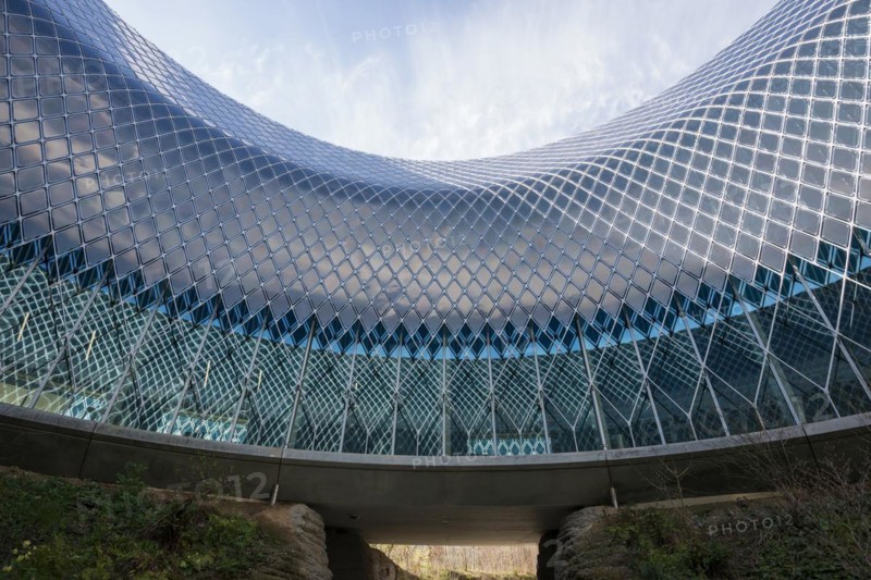 Novartis Pavilion, architecture firm AMDL CIRCLE and architect Michele De Lucchi, Novartis Campus, timber construction, façade with photovoltaics, Basel, Canton of Basel-Stadt, Switzerland, Europe