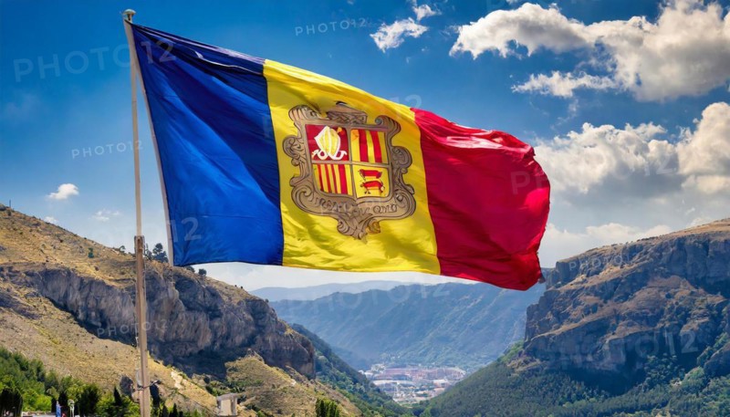 The flag of Andorra flutters in the wind