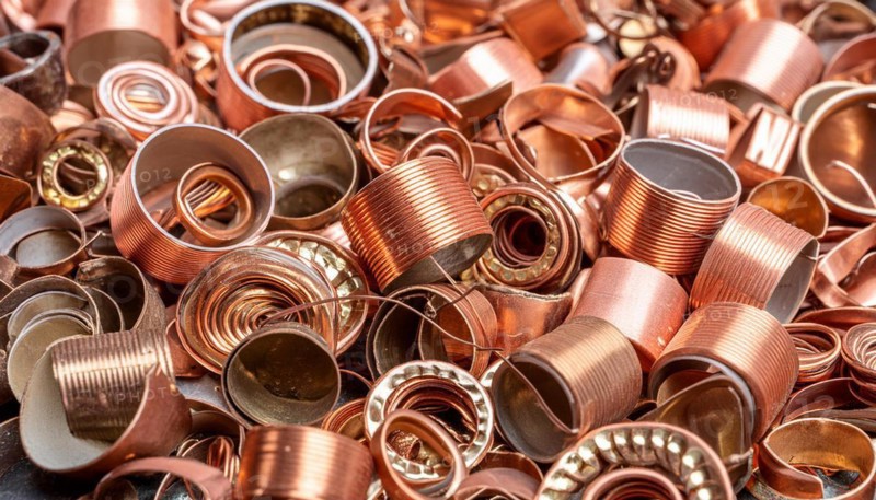 Material, metal, copper, a large amount of copper metal waste on a stockpile for recycling
