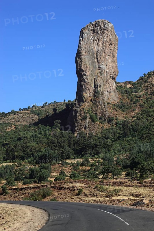 Amhara region, stele-like vulture rock near the city of Gondar, Ethiopia, Africa