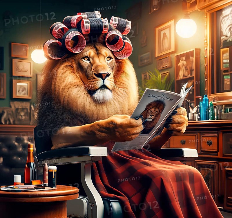 A maned lion with curlers in its mane in the hairdressing salon, AI generated, AI generated