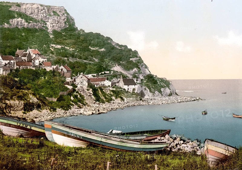Runswick Bay, Whitby, a historic harbour town on the North Sea coast of the county of Yorkshire in England, c. 1890, Historic, digitally restored reproduction from a 19th century original Runswick Bay, a historic harbour town on the North Sea coast of the county of Yorkshire in England, c. 1890, Historic, digitally restored reproduction from a 19th century original