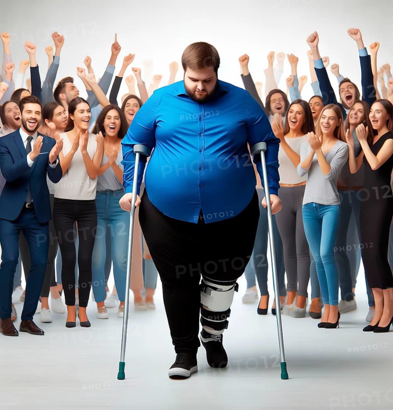 A man with severe obesity, overweight, walks with difficulty supported by crutches and is cheered on by many people, symbolising unhealthy diet, disease, AI generated, AI generated