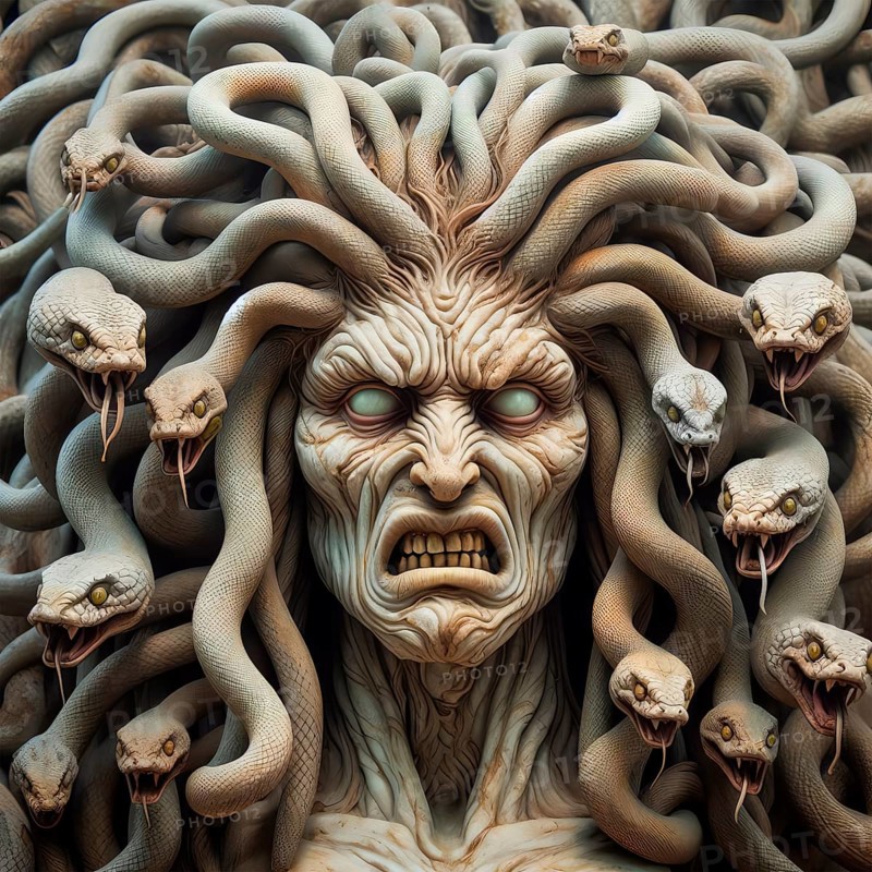 Greek mythology, the Gorgon Medusa with snakes in her hair, the sight of her turned everyone to stone, AI generated, AI generated