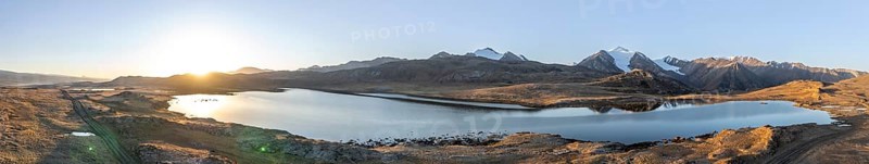 Aerial view, mountain peak and mountain lake, evening mood, Arabel Lake at Arabel Pass, Issyk Kul Province, Kyrgyzstan, Asia