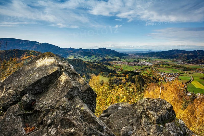 View of the Dreisamtal and Freiburg from the Frauensteigfelsen, Kirchzarten, Freiburg im Breisgau, Black Forest, Baden-Württemberg, Germany, Europe