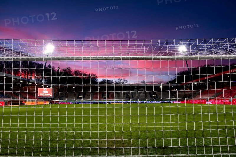 1. FC Heidenheim 1846, stadium, interior, goal net, evening sky, sunset, dramatic, Voith-Arena, Heidenheim, Baden-Württemberg, Germany, Europe