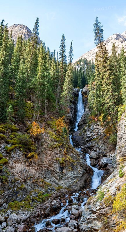 Barskon or Barskoon waterfall, mountain landscape with waterfall in a mountain valley, Jeti-Ögüz, Issyk-Kul region, Kyrgyzstan, Asia