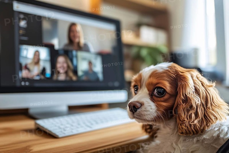 Dog disturbing owner at work at home office with computer screen with online meeting with many people in background. Generative Ai, AI generated