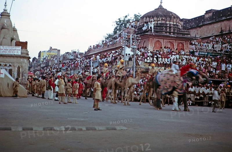 Streets full of people at the annual festival parade, Jaipur, Rajasthan, India, 1971 Camel and elephant parade, Asia