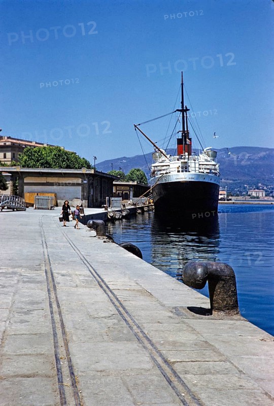 Ferry ship, 'Commandant Quere' 1948-68, African and Mediterranean Services CGT Fleet, Compagnie Generale Transatlantique, port of Calvi, Corsica, France, 1950s, Europe