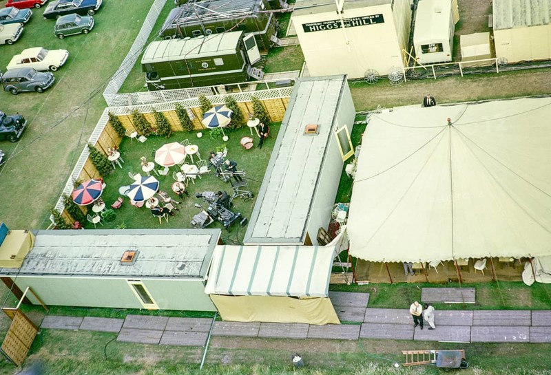 ATV television ITV outside broadcast, tennis tournament at Wimbledon, England, United Kingdom 1967 Overhead shot of interview booth with camera crew. Photo by Alan 'Taffy' Harries