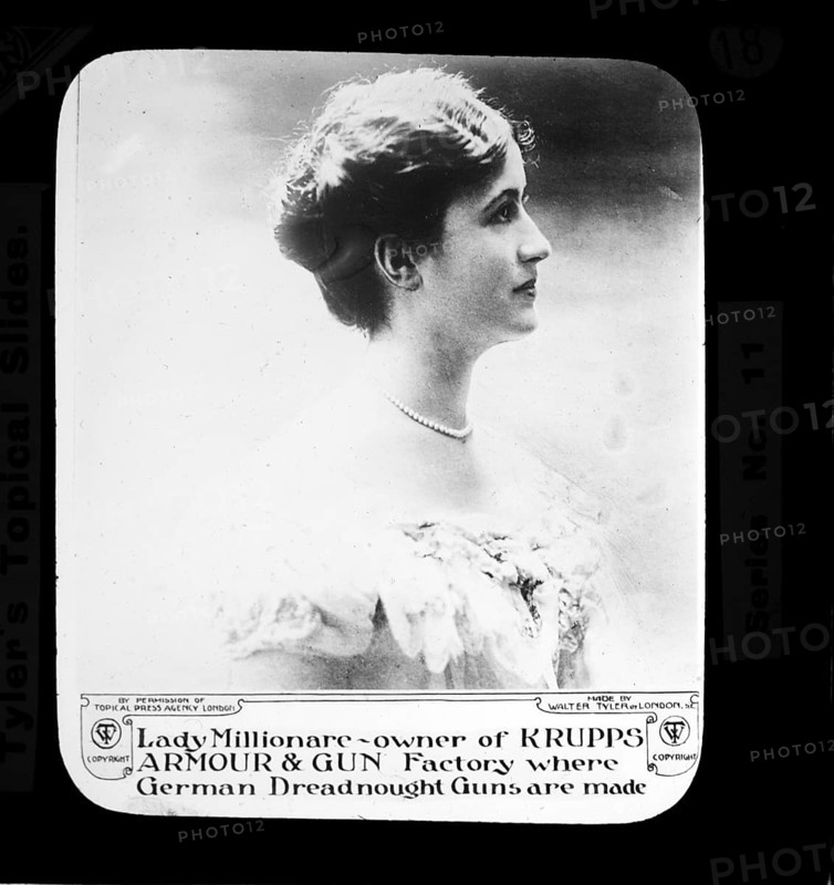 Millionaire owner of the Krupps Armour and Gun factory where German dreadnought guns are made, Walter Tyler Ltd magic lantern slide circa 1910