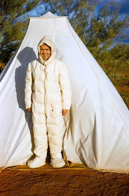 Expedition of the Melbourne Grammar School, Northern Territory, Australia, 1956, man uses RAF flight suit as sleeping bag, Oceania