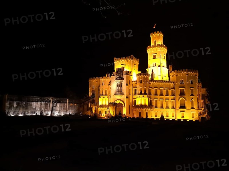 Illuminated castle at night. Hluboká is a historic château situated in Hluboká nad Vltavou. and is considered one of the most beautiful castles in the Czech Republic