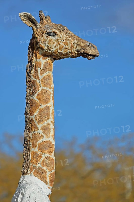 Sculpture giraffe man by Stephan Balkenhol, modern art, giraffe figure, giraffe man, animal figure, male figure, mythical creature, giraffe neck, detail, head, long neck, Arte, Strasbourg, Bas-Rhin, Alsace, France, Europe