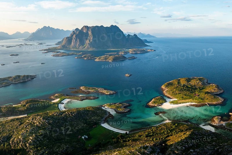 Coast of the island of Skrova and view of surrounding islands, Lofoten, Norway, Europe