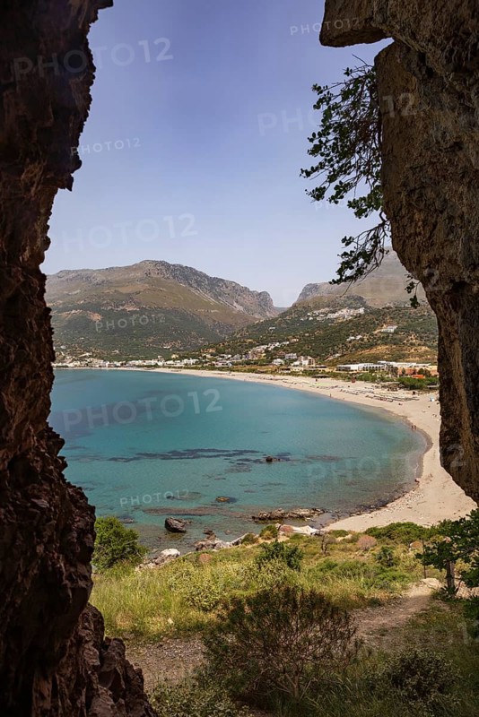 View from the Sarella peninsula to the bay and beach of Plakias, south coast, Crete, Greece, Europe