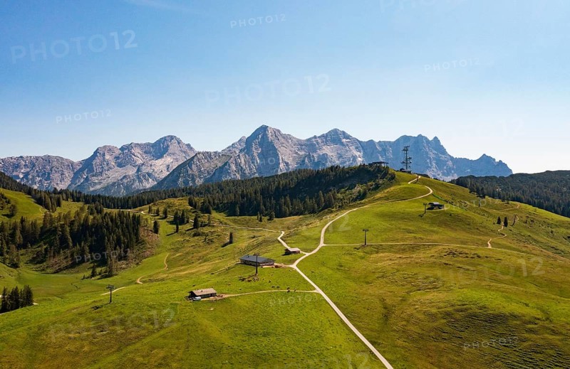Drone shot, Hochalm, Loferer Alm with view to the Loferer Steinberge, Lofer, Pinzgau, Salzburg province, Austria, Europe