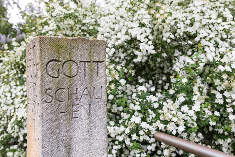 Bible verse written in sandstone, Blessed are the pure in heart, for they shall see God, at the Trinity Cemetery in Riesa, Saxony, Germany, Europe