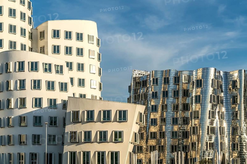 The Neue Zollhof with the Gehry buildings by architect and designer Frank Gehry in the Media Harbour, state capital Düsseldorf, North Rhine-Westphalia, Germany, Europe