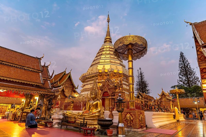 Golden Chedi of the Buddhist temple complex Wat Phra That Doi Suthep, landmark of Chiang Mai at dusk, Thailand, Asia