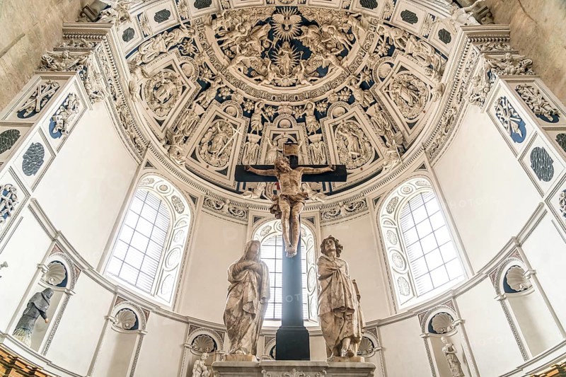 Crucifix and Baroque stucco work on the vault of the west choir in the interior of St Peter's Cathedral, UNESCO World Heritage Site in Trier, Rhineland-Palatinate, Germany, Europe