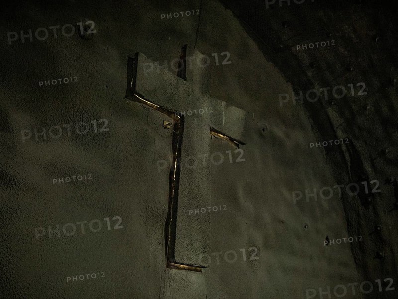 Cross at one end of the tunnel, installed for the Saint Barbara celebration on 4 December 2023, patron saint of miners, in construction lot H53, Brenner Base Tunnel, Wolf, Tyrol, Austria, Europe