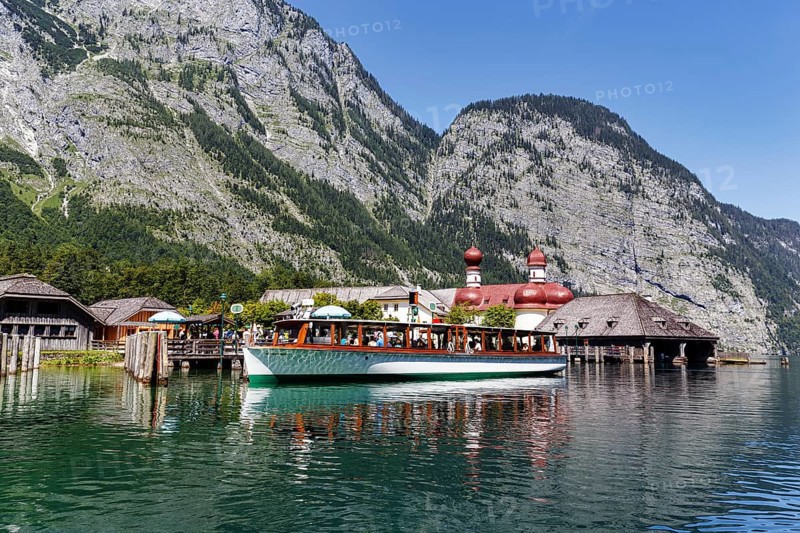 Pilgrimage church St. Bartholomä at Königssee with excursion steamer, Berchtesgaden National Park, Berchtesgadener Land, Upper Bavaria, Bavaria, Germany, Europe