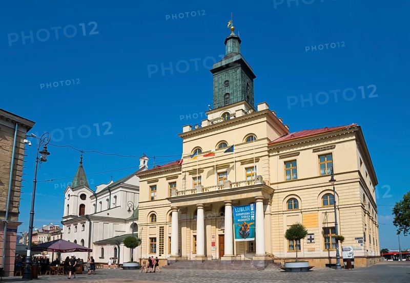 Classicist town hall with tower and columns under a blue sky, Town hall, Lublin, Poland, Europe