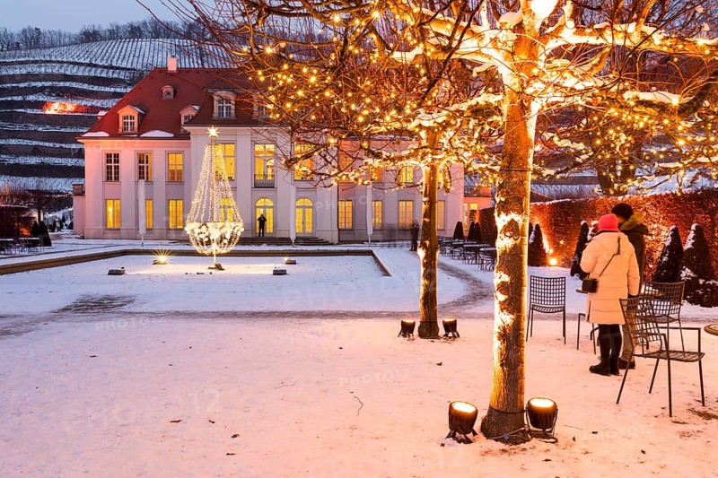 Wackerbarth's winter magic, castle and vineyards with Christmas lights and snow, Radebeul, Saxony, Germany, Europe