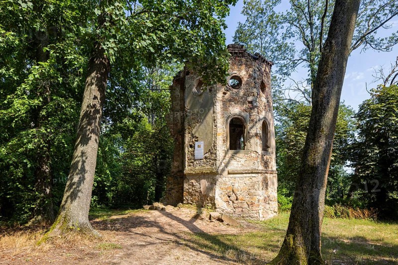 The Blechburg is a ruined former lookout tower with a viewing bastion at the northern end of the Jägerberg on the Wahnsdorfer Flur in the town of Radebeul in Saxony. The ruin stands in the middle of a forest that has grown up in recent decades on the edge of the slope at around 235 metres, Radebeul Weinhänge, Radebeul, Saxony, Germany, Europe