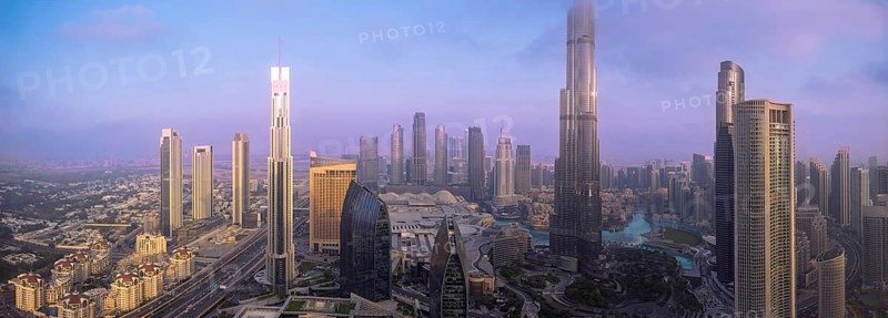 UAE, Dubai panoramic skyline view of city downtown and business district.