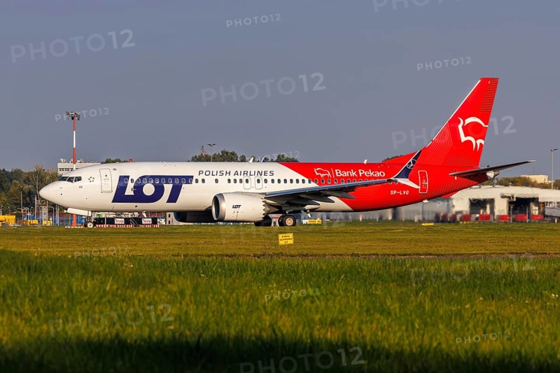 LOT Polish Airlines Boeing 737-8 MAX aircraft with the registration SP-LVG and the Bank Pekao special livery at the airport in Warsaw, Poland, Europe