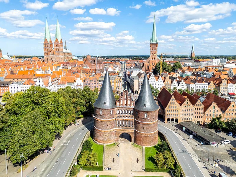 Holstentor Holsten Tor aerial view in the Hanseatic city of Lübeck, Germany, Europe
