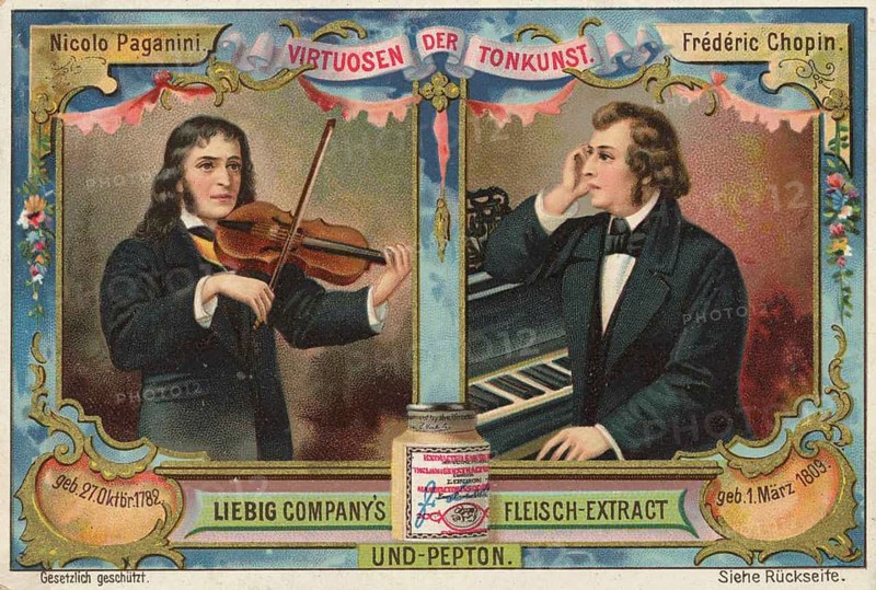 Picture series Virtuosen der Tonkunst, Nicolo Paganini and Frederic Chopin, Liebig picture, digitally restored reproduction of a collector's picture from ca 1900, public domain, exact date unknown, portraits of Paganini and Chopin, connected by classical music, decorative frame