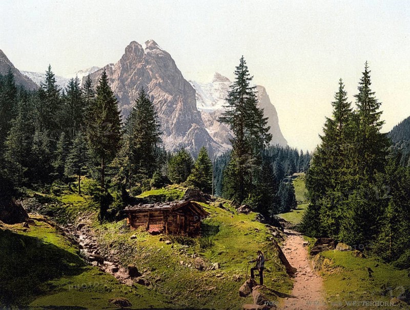Brunnen und Wetterhorn, Bernese Oberland, Switzerland, Historic, digitally restored reproduction from a 19th century original, Record date not stated, Well and Wetterhorn Mountains, Bernese Oberland, Switzerland, Historic, digitally restored reproduction from a 19th century original, Record date not stated, Europe
