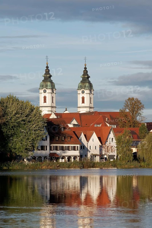 Church of St. Peter, view over the town lake, morning light, autumn, Bad forest lake, Upper Swabia, Baden-Württemberg, Germany, Europe