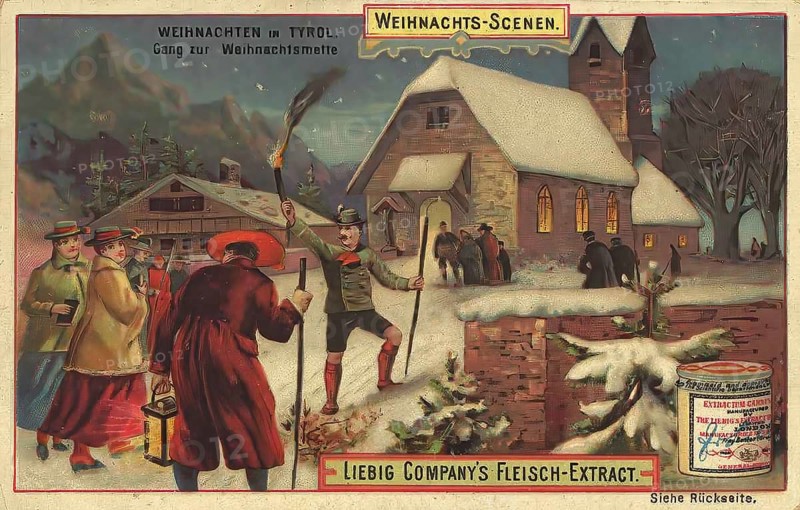 Picture series Christmas scenes, Christmas in Tyrol, going to the Christmas mass, Liebig picture, digitally restored reproduction of a collector's picture from around 1900, public domain, exact date unknown, winter Christmas scenes in Tyrol with a snow-covered church and people on their way to the church service