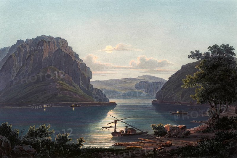 View of the Loreley rocks and the salmon fishery on the Rhine, Rhineland-Palatinate, Germany, view from around 1830, digitally restored reproduction of a 19th century model by Johann Ludwig Bleuler (12 February 1792 - 28 March 1850), Swiss draughtsman and painter, Europe