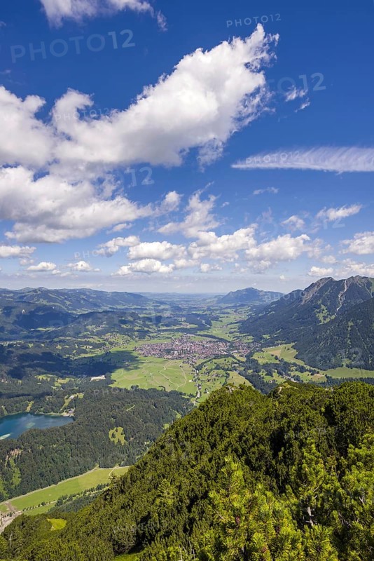 Panorama from Himmelschrofen, 1790m, into the Illertal, Freibergsee and Oberstdorf, Allgäu Alps, Allgäu, Bavaria, Germany, Europe