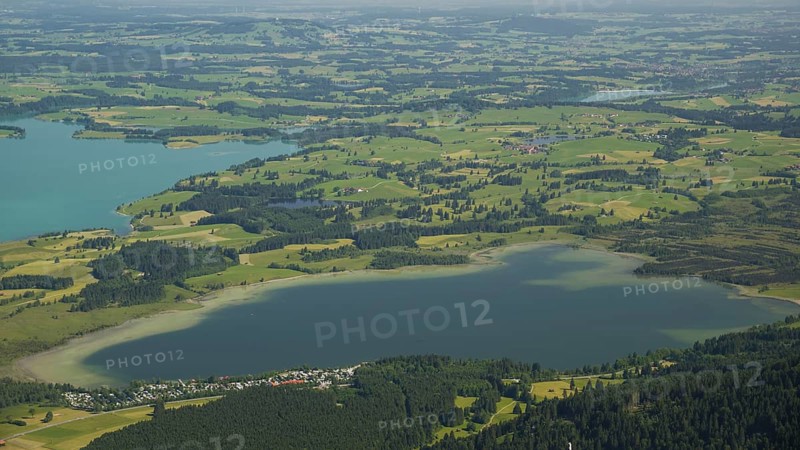 Panorama from the Tegelberg to the Bannwaldsee, Ostallgaeu, Allgaeu, Swabia, Bavaria, Germany, Europe