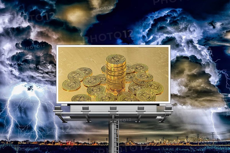 Symbolic image, Bitcoin on billboard, storm, questionable vision of the future, stock market prices, insecure digital currency, resources, energy, industry, economy critical, stock market hype, stock market crash, payment, insolvency, wrong decisions, maximum profit, profit slump, share prices, Germany as a business location, global economy, globalisation, environmental protection, mafia, Trump government, Bitcoin rally, cryptocurrency, electronic wallet, crypto reserve, price development, stock market trading