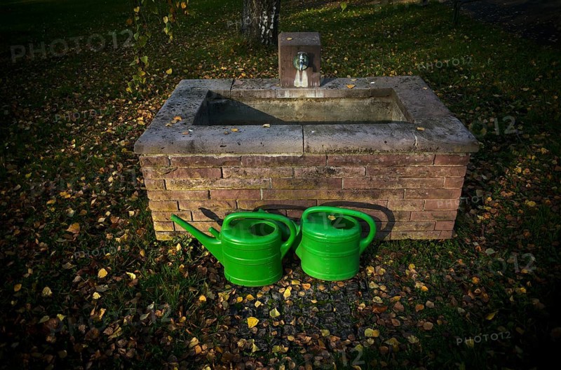 Watering cans, green, in front of fountain, main cemetery, autumn leaves lying on the ground, autumn, Stuttgart, Baden-Württemberg, Germany, Europe