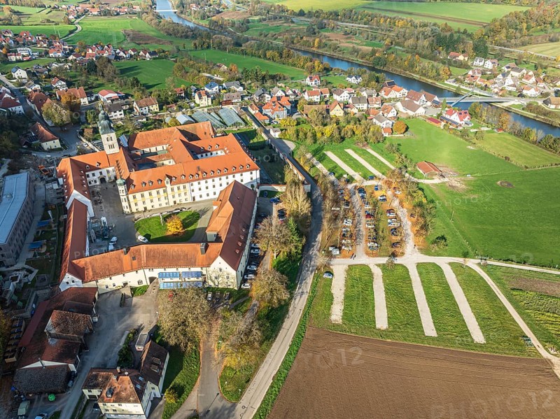 Aerial view of Plankstetten with Benedictine Abbey, Plankstetten, Berching, Bavaria, Germany, Europe