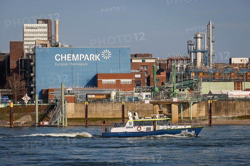Leverkusen, North Rhine-Westphalia, Germany - Bayer Chempark Leverkusen, plant site on the Rhine, one third of all chemical production in North Rhine-Westphalia takes place here, the operating company of the Chempark is Currenta, formerly Bayer Industry Services