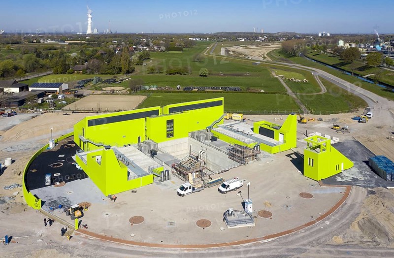 Oberhausen, North Rhine-Westphalia, Germany - Emscher conversion, new Emscher AKE sewer, here the new Oberhausen pumping station, the ecological conversion of the Emscher system consists of the construction of a central wastewater treatment system in the Ruhr area, the construction of sewers and the renaturalisation of the Emscher and its tributaries
