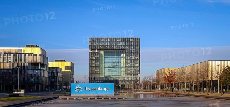 11.01.2024, Essen, North Rhine-Westphalia, Germany, ThyssenKrupp, company logo in front of the headquarters. Essen-based Thyssenkrupp AG is an industrial group specialising in steel processing and Germany's largest steel manufacturer, Europe