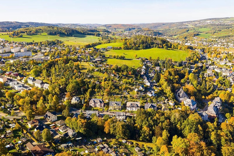 Aerial view of the Heide district in autumn, Schwarzenberg in the Ore Mountains, Saxony, Germany, Europe