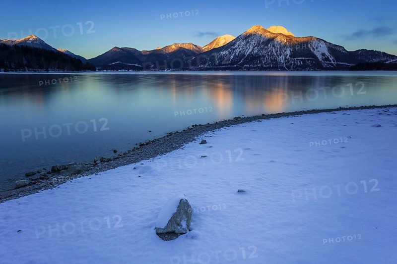 Morning light, sunrise, mountain lake, mountain landscape, reflection, winter, snow, long exposure, Walchensee, Herzogstand, Heimgarten, Bavaria, Germany, Europe